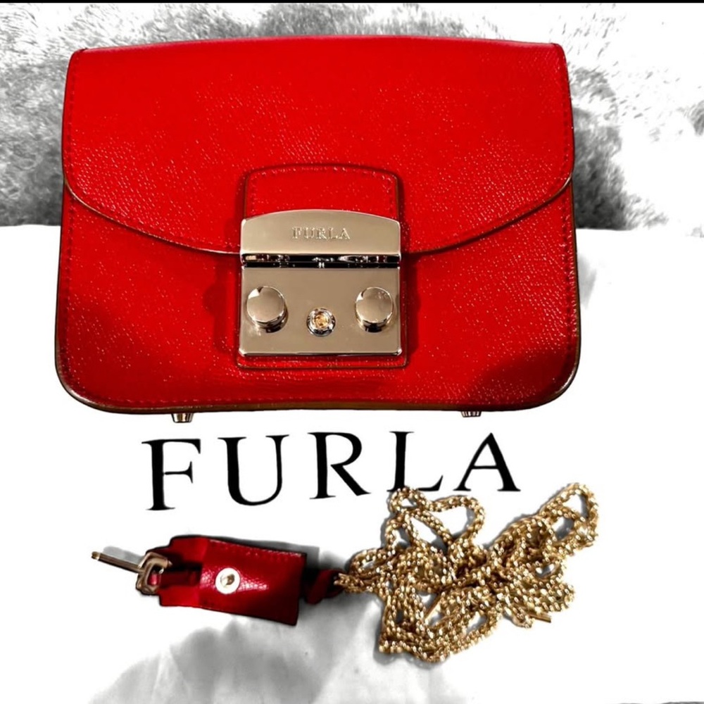 Furla Red Mini Bag with Polished Finish and Chain Details